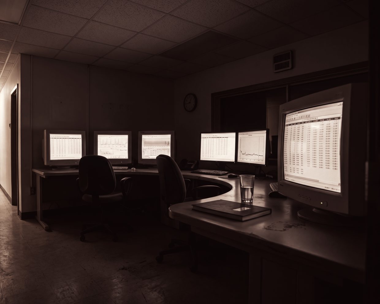 An empty control room at night. The screens are on, showing tables and charts; the chairs are unoccupied.